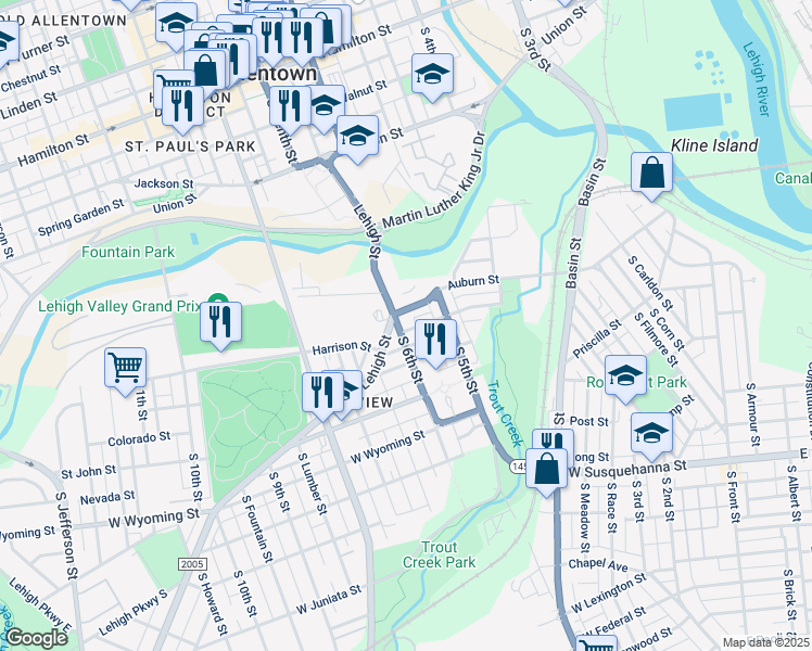map of restaurants, bars, coffee shops, grocery stores, and more near 606-620 South 6th Street in Allentown