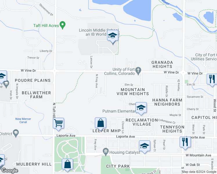 map of restaurants, bars, coffee shops, grocery stores, and more near 524 North Bryan Avenue in Fort Collins