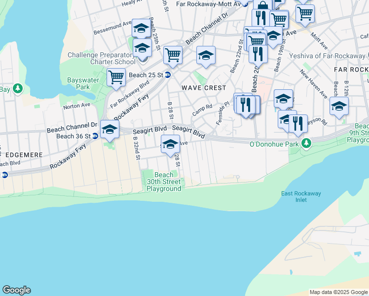 map of restaurants, bars, coffee shops, grocery stores, and more near 1-91 Beach 27th Street in Queens