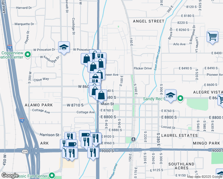 map of restaurants, bars, coffee shops, grocery stores, and more near 8630 South 60 East in Sandy