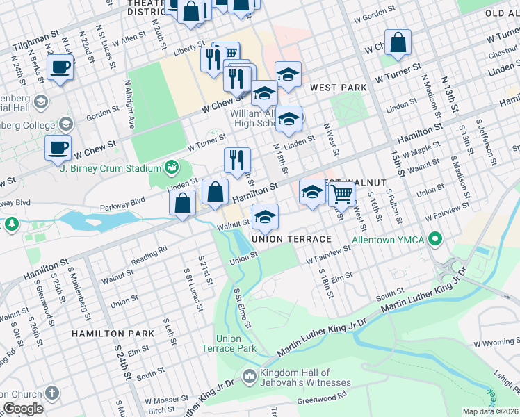 map of restaurants, bars, coffee shops, grocery stores, and more near South 19th Street in Allentown