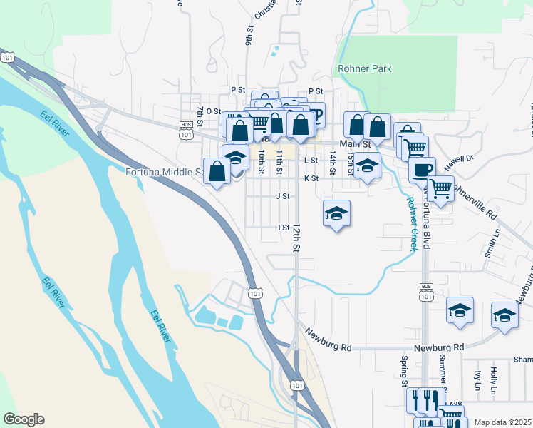 map of restaurants, bars, coffee shops, grocery stores, and more near 353 10th Street in Fortuna