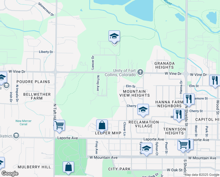 map of restaurants, bars, coffee shops, grocery stores, and more near 524 North Bryan Avenue in Fort Collins