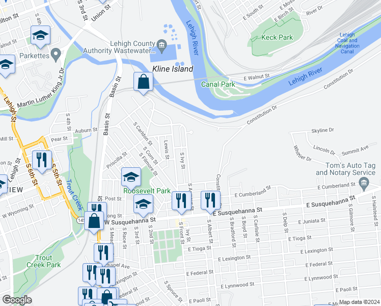 map of restaurants, bars, coffee shops, grocery stores, and more near 841 South Armour Street in Allentown