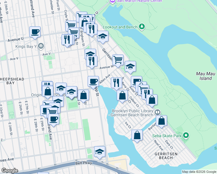 map of restaurants, bars, coffee shops, grocery stores, and more near 78 Ebony Court in Brooklyn