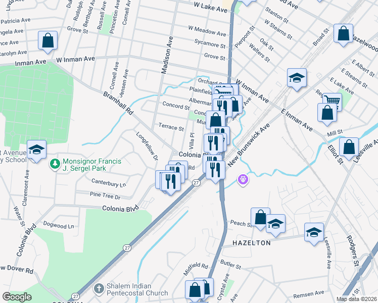 map of restaurants, bars, coffee shops, grocery stores, and more near 147 Colonia Boulevard in Rahway