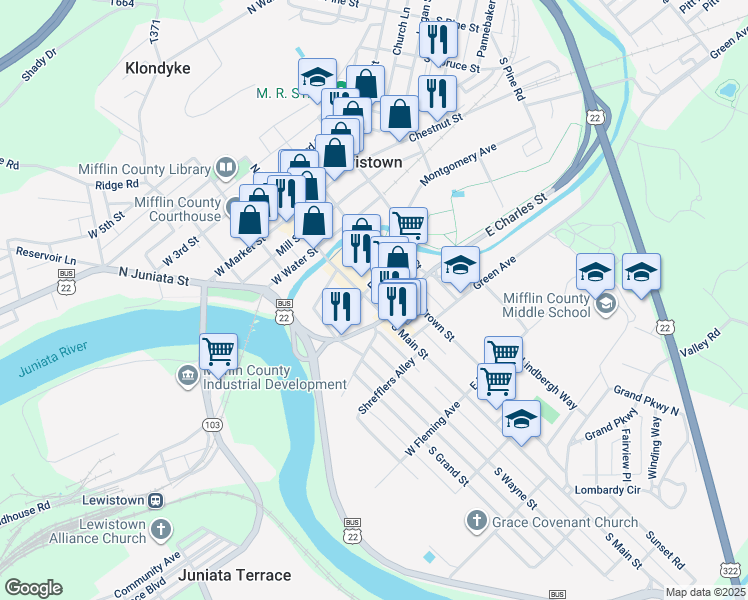 map of restaurants, bars, coffee shops, grocery stores, and more near 213 South Main Street in Lewistown