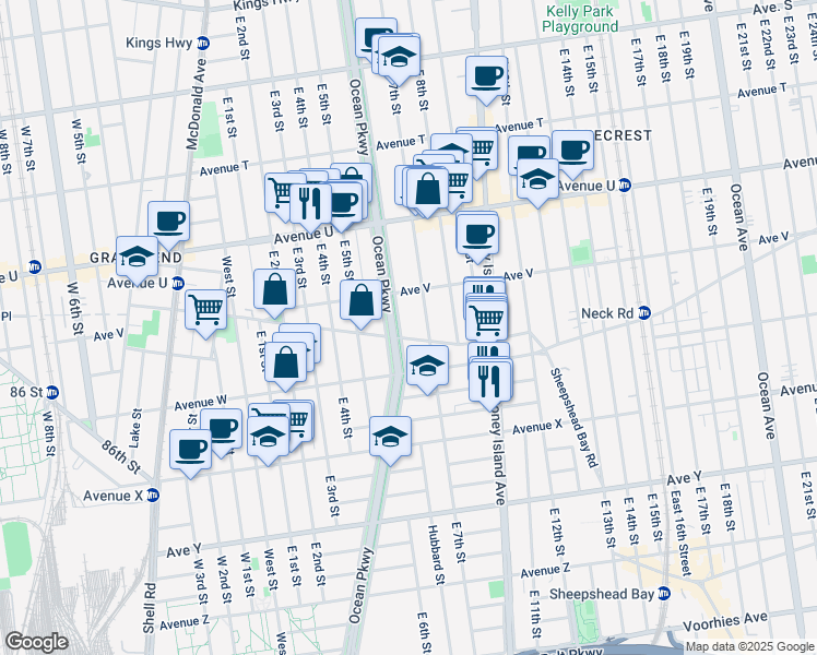 map of restaurants, bars, coffee shops, grocery stores, and more near 2245 Ocean Parkway in Brooklyn