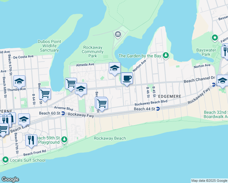 map of restaurants, bars, coffee shops, grocery stores, and more near 38-15 Beach Channel Drive in Queens