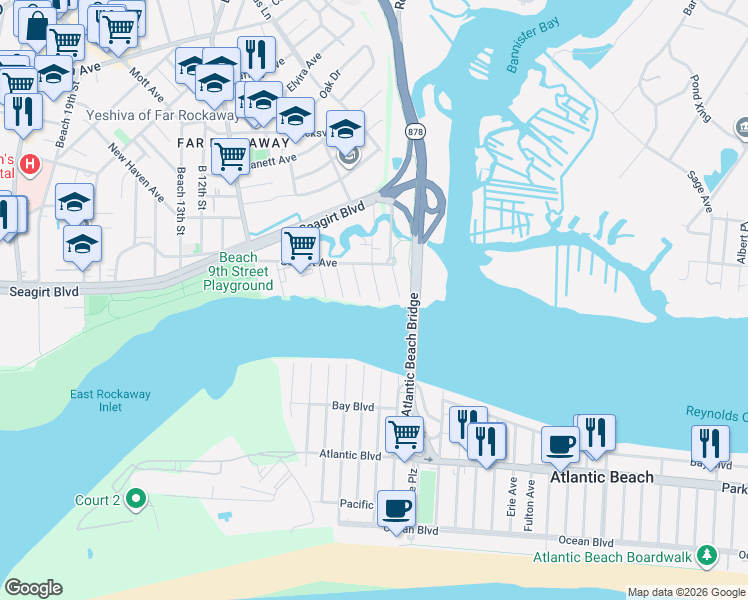 map of restaurants, bars, coffee shops, grocery stores, and more near 1-25 Beach 3rd Street in Queens