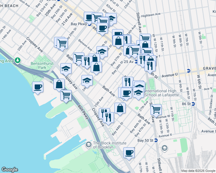 map of restaurants, bars, coffee shops, grocery stores, and more near 2505 Bath Avenue in Brooklyn