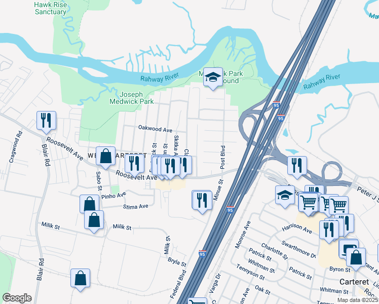 map of restaurants, bars, coffee shops, grocery stores, and more near 40 George Street in Carteret