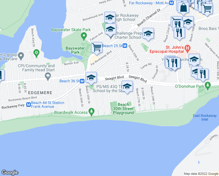 map of restaurants, bars, coffee shops, grocery stores, and more near 31-10 Seagirt Avenue in Queens