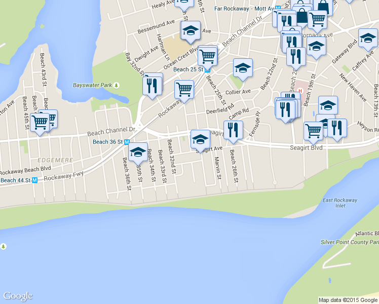 map of restaurants, bars, coffee shops, grocery stores, and more near 30-12 Seagirt Avenue in Queens