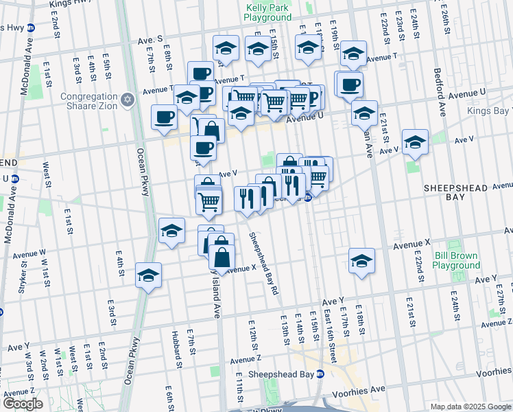 map of restaurants, bars, coffee shops, grocery stores, and more near 1223 Gravesend Neck Road in Brooklyn
