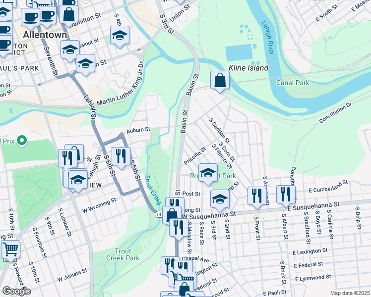 map of restaurants, bars, coffee shops, grocery stores, and more near 647 South Woodward Street in Allentown