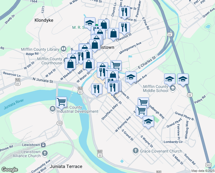 map of restaurants, bars, coffee shops, grocery stores, and more near 213 South Main Street in Lewistown