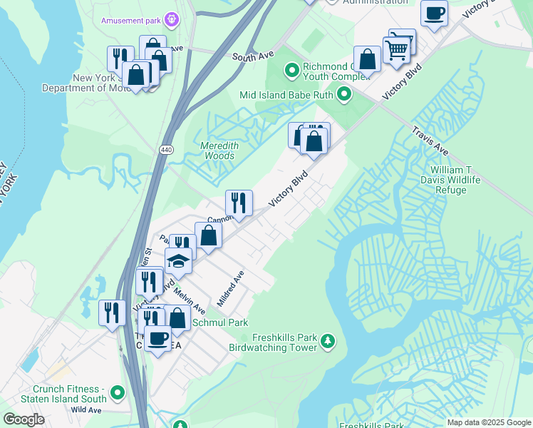 map of restaurants, bars, coffee shops, grocery stores, and more near 3908 Victory Boulevard in Staten Island
