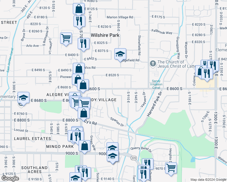 map of restaurants, bars, coffee shops, grocery stores, and more near 8611 South Gladiator Way in Sandy