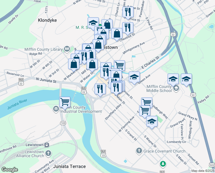 map of restaurants, bars, coffee shops, grocery stores, and more near 215 South Main Street in Lewistown