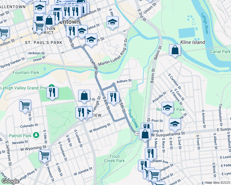 map of restaurants, bars, coffee shops, grocery stores, and more near 704 South 5th Street in Allentown