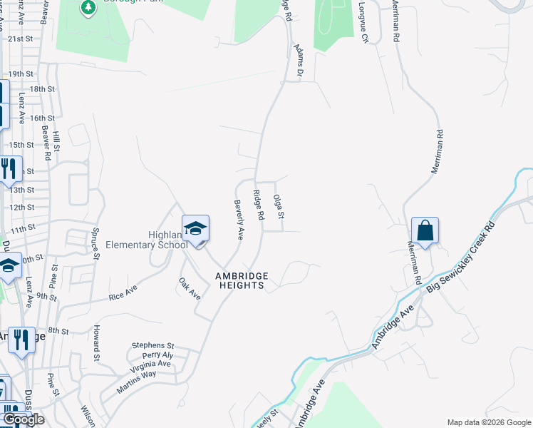map of restaurants, bars, coffee shops, grocery stores, and more near 981 Olga Street in Ambridge