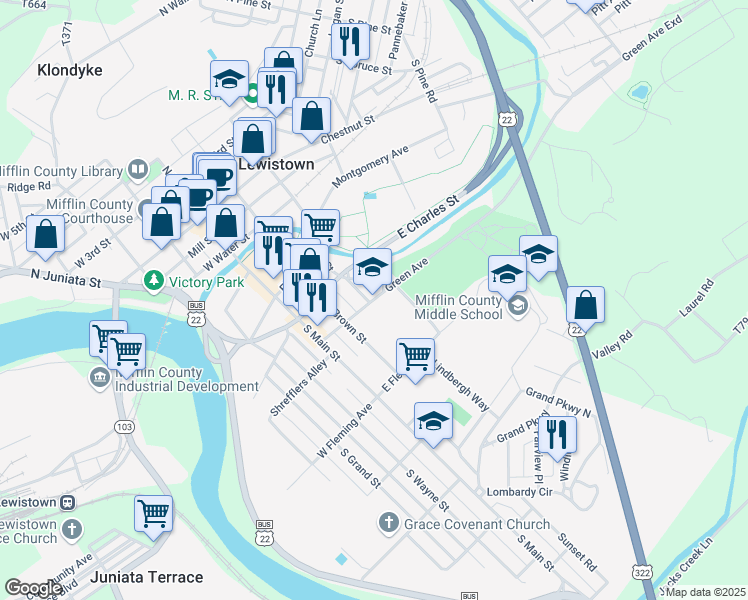 map of restaurants, bars, coffee shops, grocery stores, and more near 212 Green Avenue in Lewistown