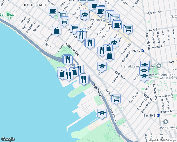 map of restaurants, bars, coffee shops, grocery stores, and more near 2340 Cropsey Avenue in Brooklyn