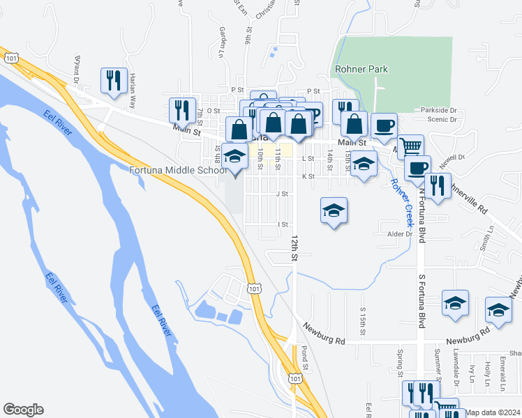 map of restaurants, bars, coffee shops, grocery stores, and more near 353 10th Street in Fortuna