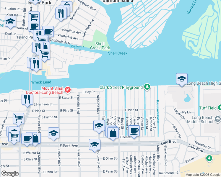 map of restaurants, bars, coffee shops, grocery stores, and more near 88 Doyle Street in Long Beach