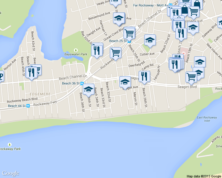 map of restaurants, bars, coffee shops, grocery stores, and more near 31-09 Seagirt Avenue in Queens