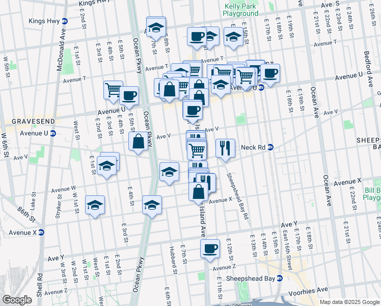 map of restaurants, bars, coffee shops, grocery stores, and more near 2263 East 8th Street in Brooklyn