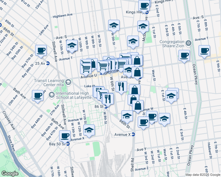 map of restaurants, bars, coffee shops, grocery stores, and more near 183 Avenue V in Brooklyn