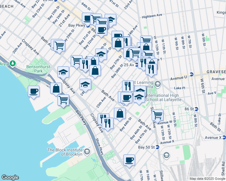 map of restaurants, bars, coffee shops, grocery stores, and more near 2505 Bath Avenue in Brooklyn