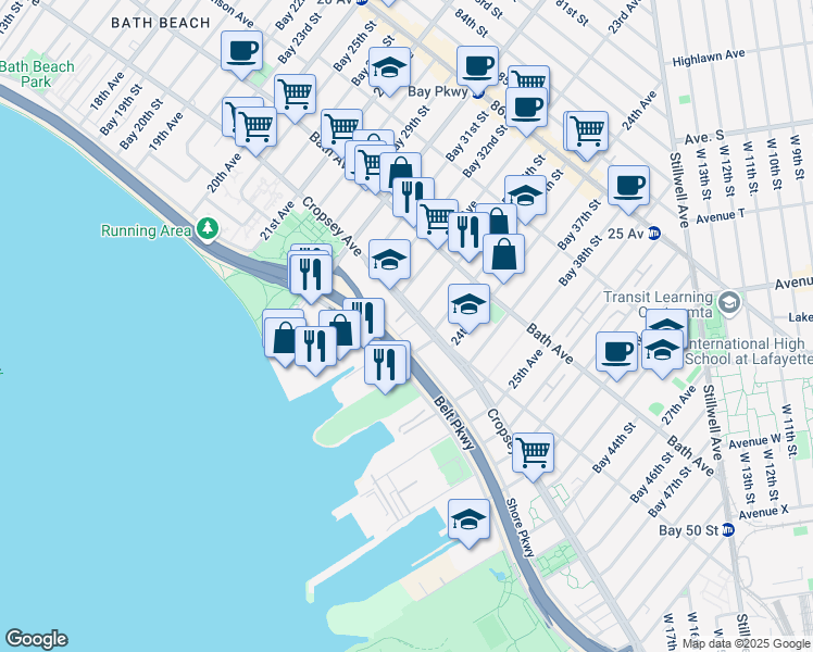 map of restaurants, bars, coffee shops, grocery stores, and more near 1707 Shore Parkway in Brooklyn