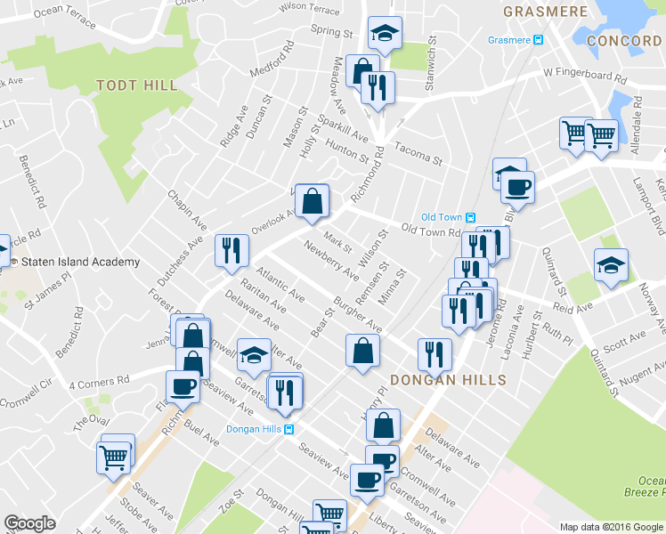 map of restaurants, bars, coffee shops, grocery stores, and more near 62 Newberry Avenue in Staten Island
