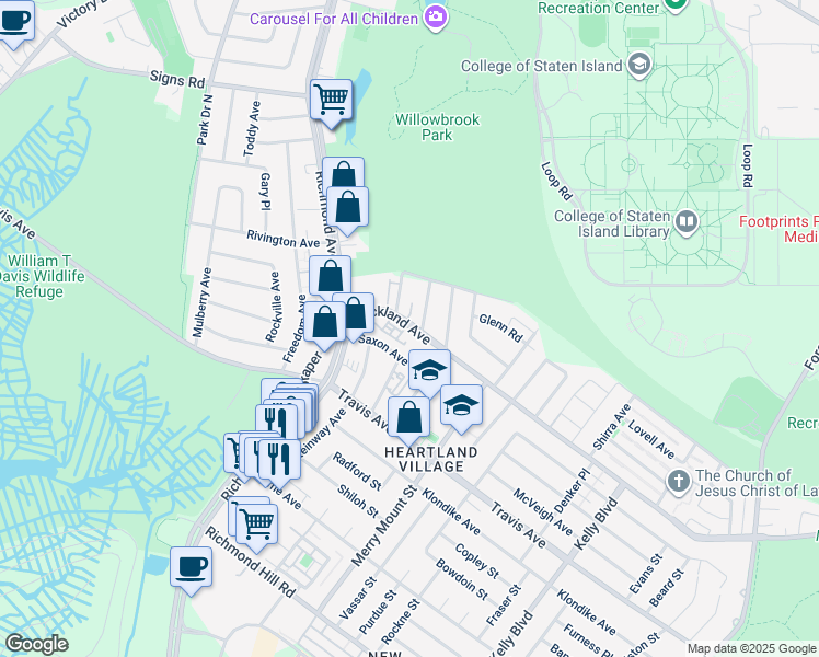 map of restaurants, bars, coffee shops, grocery stores, and more near 1292 Rockland Avenue in Staten Island