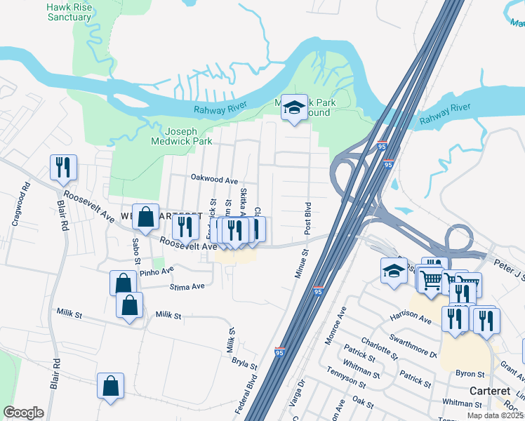 map of restaurants, bars, coffee shops, grocery stores, and more near 40 George Street in Carteret