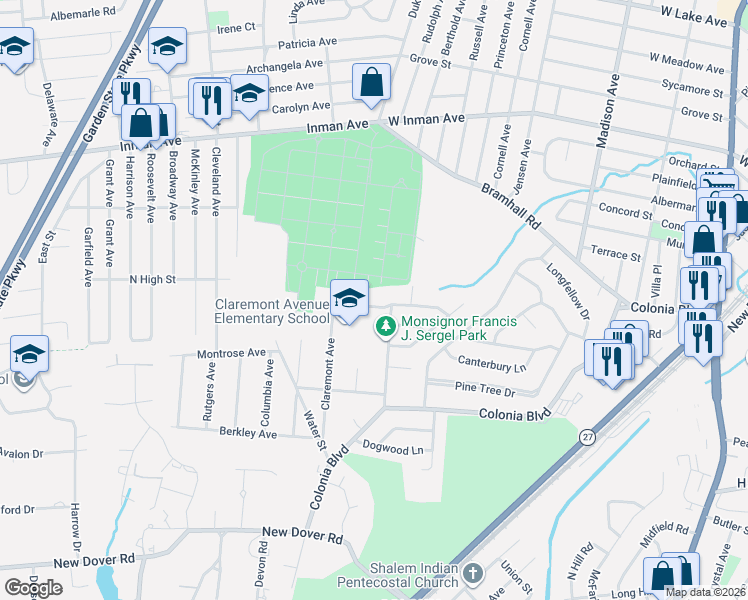 map of restaurants, bars, coffee shops, grocery stores, and more near 69 Stanford Avenue in Woodbridge Township