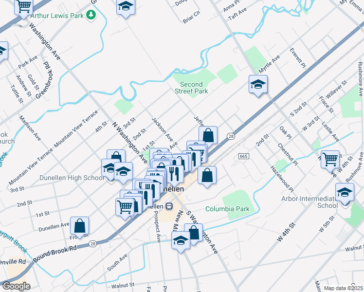map of restaurants, bars, coffee shops, grocery stores, and more near 156 West Front Street in Dunellen
