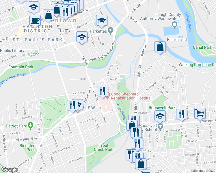 map of restaurants, bars, coffee shops, grocery stores, and more near 721 South Levan Street in Allentown