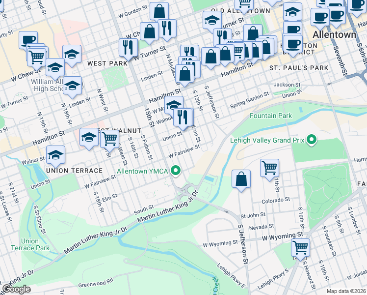 map of restaurants, bars, coffee shops, grocery stores, and more near 1408 West Fairview Street in Allentown