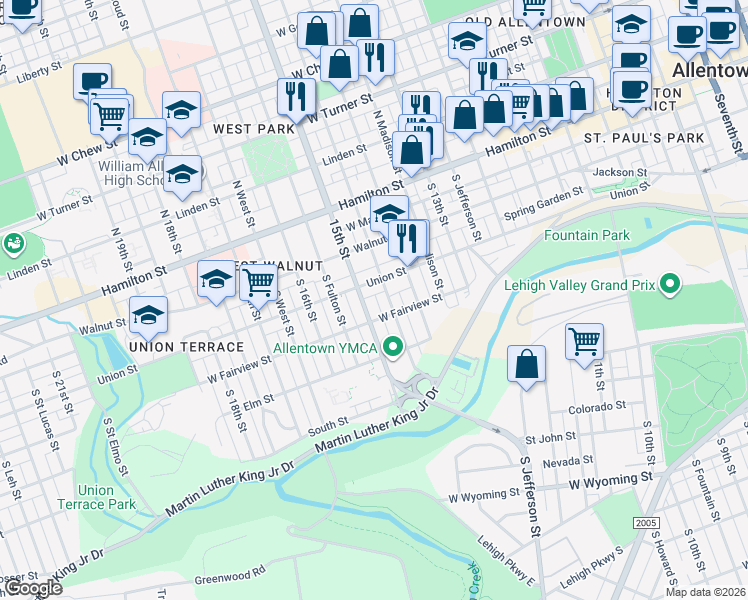 map of restaurants, bars, coffee shops, grocery stores, and more near 225 South Ralph Street in Allentown