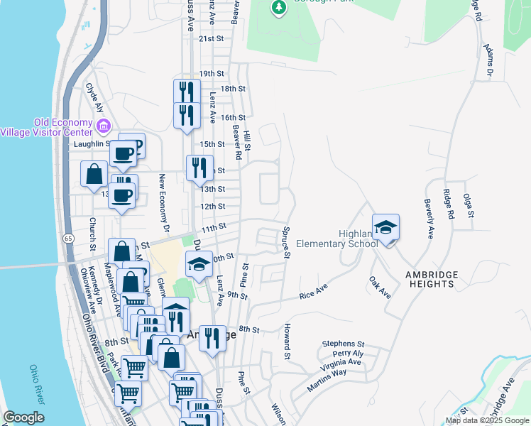 map of restaurants, bars, coffee shops, grocery stores, and more near 1014 11th Street in Ambridge