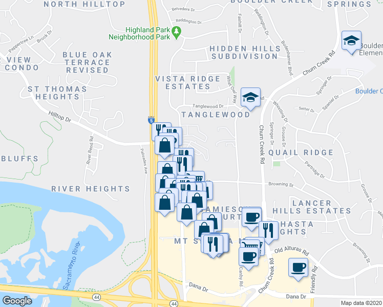 map of restaurants, bars, coffee shops, grocery stores, and more near 837 Mission Sierra Court in Redding