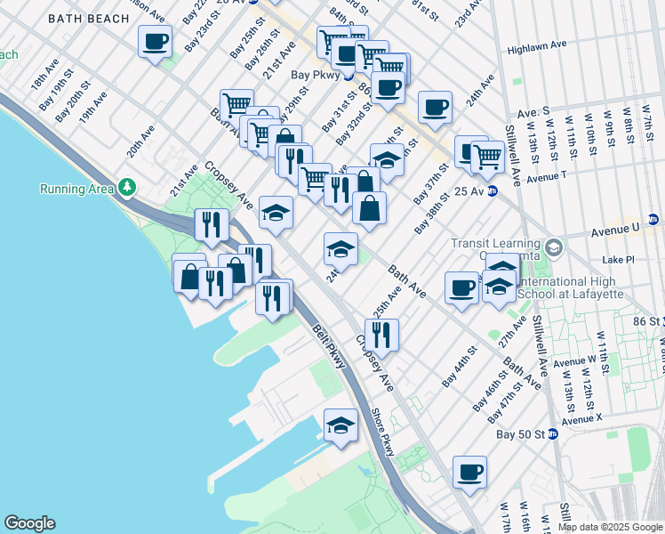 map of restaurants, bars, coffee shops, grocery stores, and more near 2375 Cropsey Avenue in Brooklyn