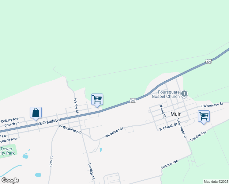 map of restaurants, bars, coffee shops, grocery stores, and more near 2117 East Grand Avenue in Tower City