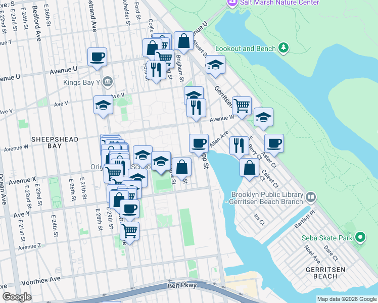 map of restaurants, bars, coffee shops, grocery stores, and more near 2376 Brigham Street in Brooklyn