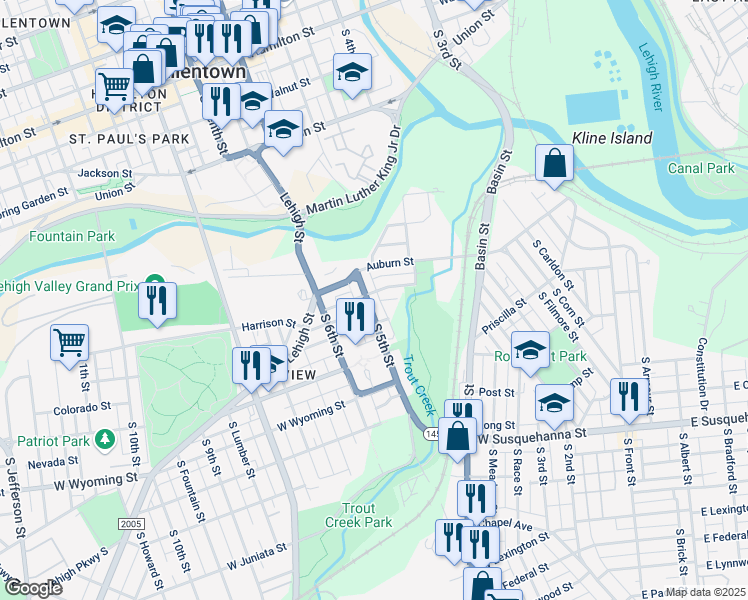 map of restaurants, bars, coffee shops, grocery stores, and more near 707 South 5th Street in Allentown