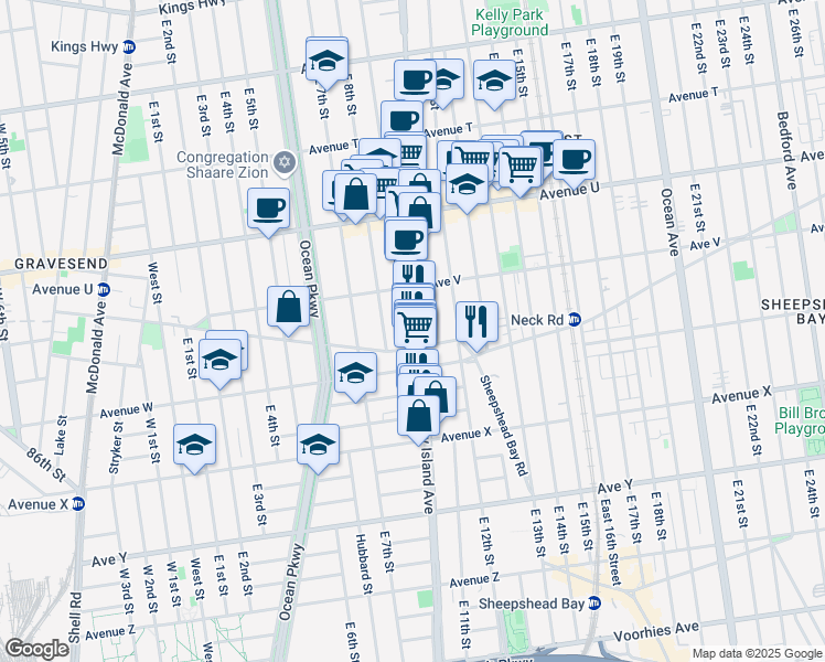 map of restaurants, bars, coffee shops, grocery stores, and more near 2263 East 8th Street in Brooklyn